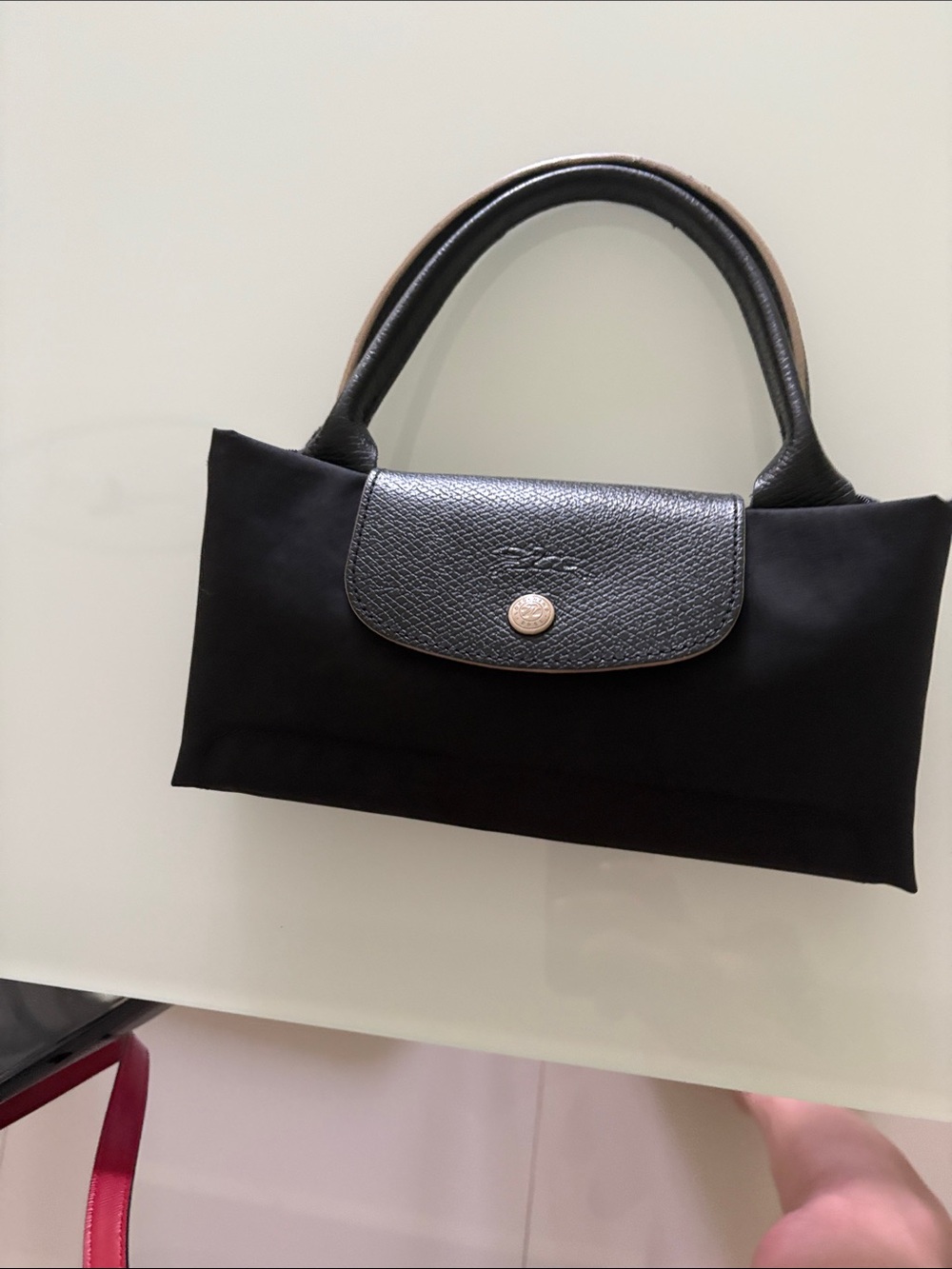Black Top-Handle Nylon Tote with Leather Flap